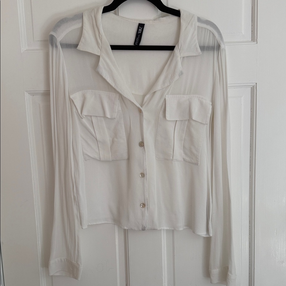 Zara White Sheer Button-Front Pocket Blouse Size M